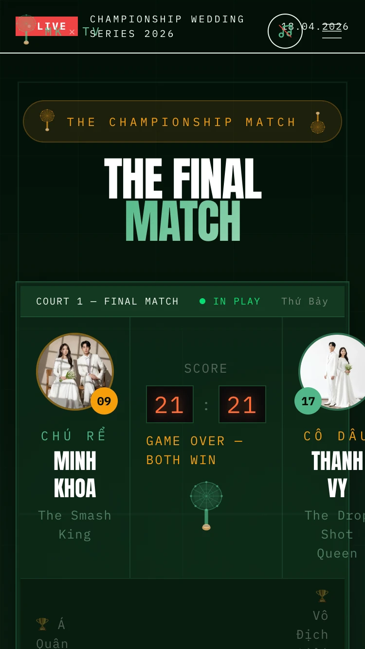 Mẫu thiệp cưới The Badminton Love — Năng động & tươi vui — thiệp cưới phong cách cầu lông dành cho cặp đôi yêu thể thao.