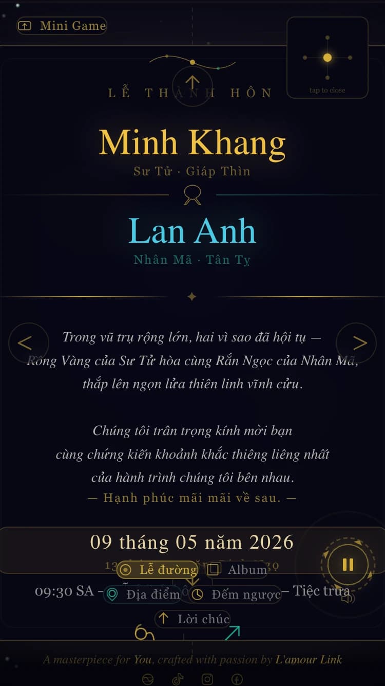 Mẫu thiệp cưới The Celestial Flame — Thần thoại Rồng & Rắn phương Đông hòa quyện chiêm tinh học phương Tây — huyền bí, sang trọng.