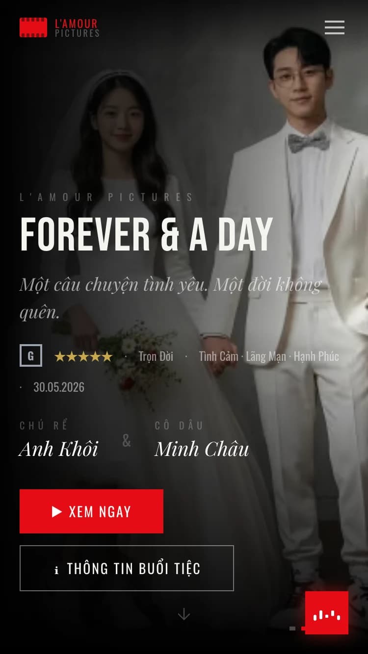 Mẫu thiệp cưới Forever & A Day — Phong cách Netflix / Điện ảnh — câu chuyện tình yêu được kể như một bộ phim bom tấn.
