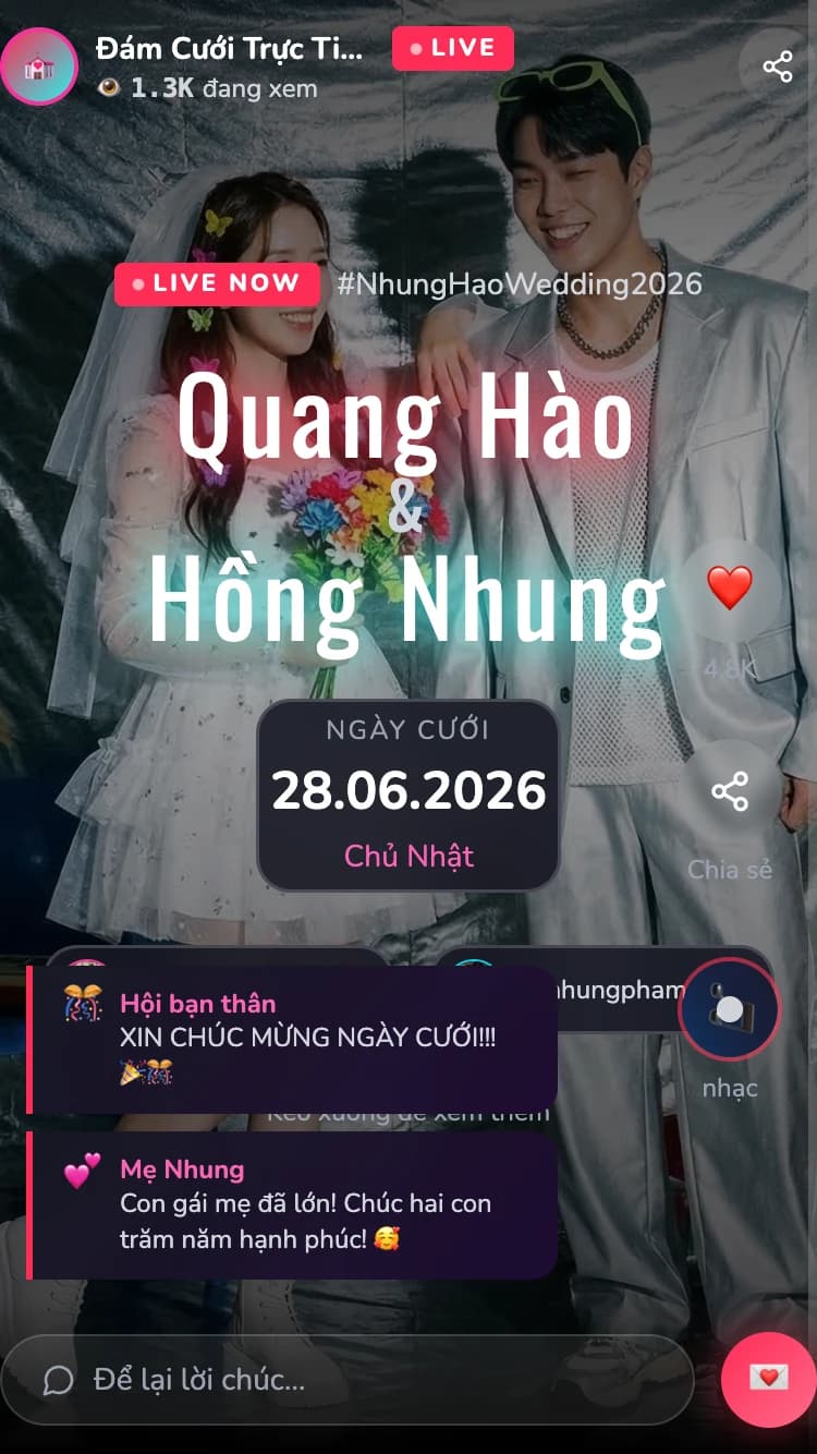 Mẫu thiệp cưới The Love Stream — Phong cách TikTok Livestream — năng động, tương tác cao dành cho cặp đôi Gen Z.