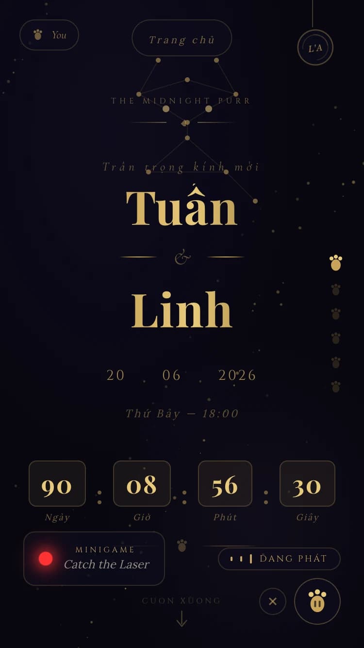 Mẫu thiệp cưới The Midnight Purr — Dark mode sang trọng bí ẩn — dành riêng cho cặp đôi yêu mèo với onboarding cuộn len độc đáo.