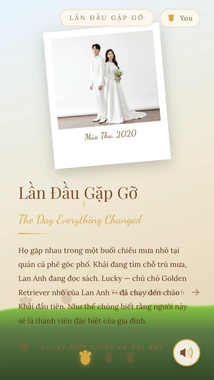 Mẫu thiệp cưới Paws & Promises — Hành trình tình yêu kể qua đôi mắt của Lucky — chú chó Golden Retriever dẫn đường cho khách mời.