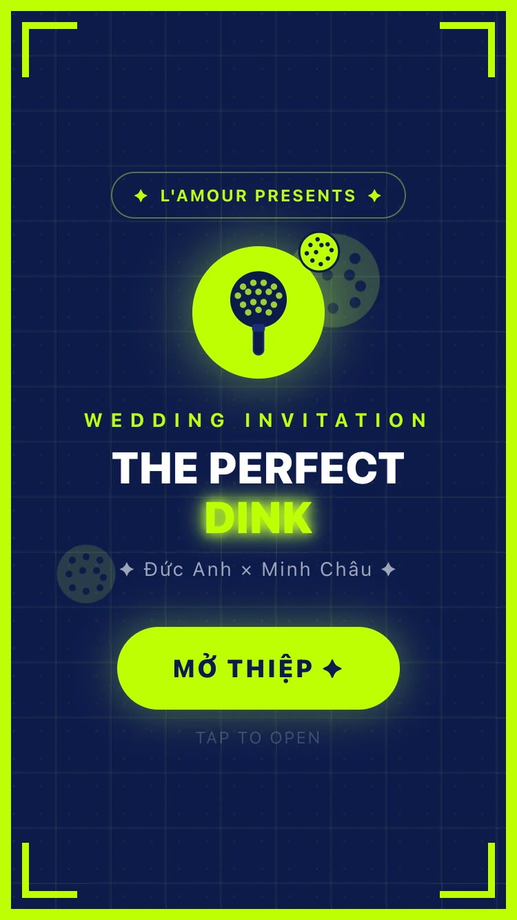 Mẫu thiệp cưới The Perfect Dink — Pop-art năng động đầy màu sắc — thiệp cưới phong cách Pickleball cho cặp đôi yêu thể thao.