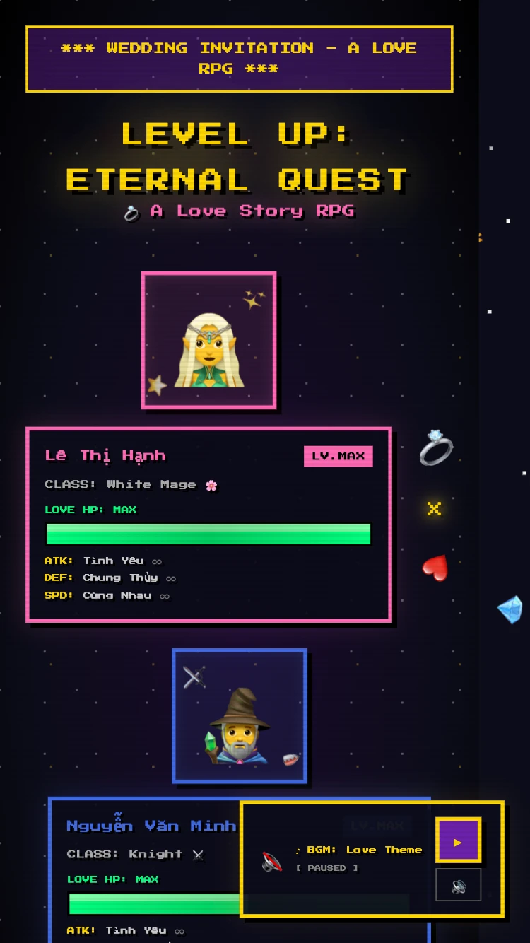 Mẫu thiệp cưới Level Up: Eternal Quest — Pixel Art 8-bit RPG — câu chuyện tình yêu được kể như một hành trình phiêu lưu nhập vai.