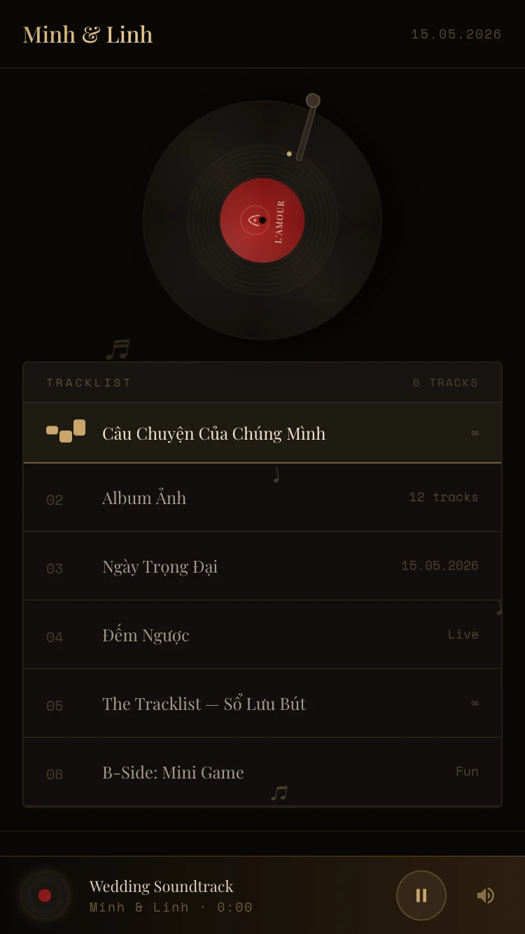 Mẫu thiệp cưới The Vinyl Record — Đĩa Than Retro-Modern — sang trọng và nghệ thuật âm thanh, dành cho cặp đôi yêu âm nhạc.